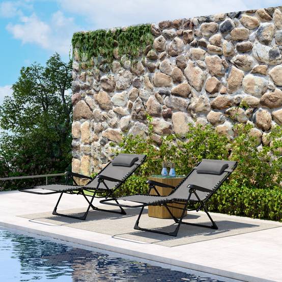 Lot de 2 bain de soleil, chaise longue pliante inclinable avec appuie-tête en textilène, 90 x 65 x 112 cm, gris - Image 3