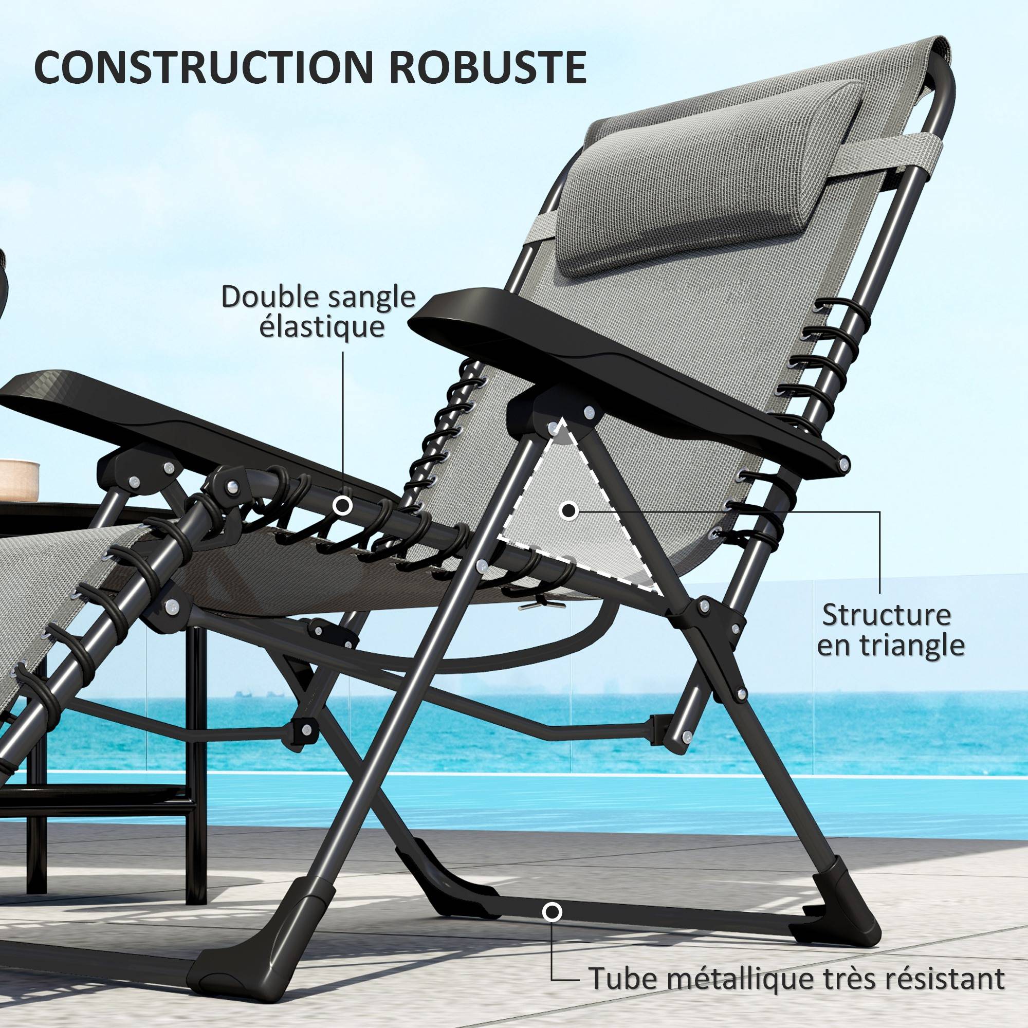 Lot de 2 bain de soleil, chaise longue pliante inclinable avec appuie-tête en textilène, 90 x 65 x 112 cm, gris - Image 8