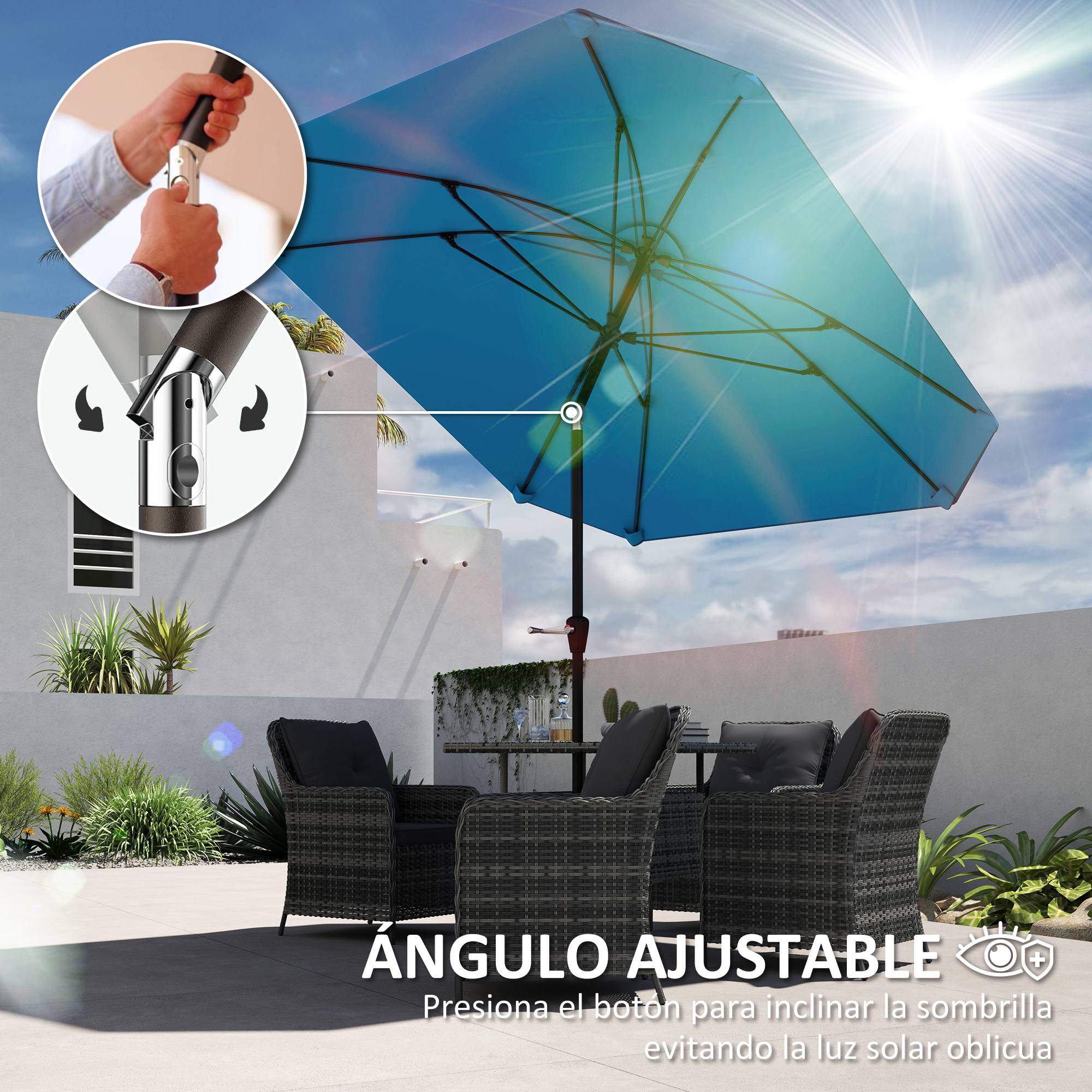 Parasol de jardin 233 x 233 cm, angle réglable, étanche, mât en aluminium, baleines en fibre de verre, manivelle, bleu - Image 6