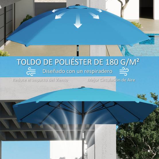 Parasol de jardin 233 x 233 cm, angle réglable, étanche, mât en aluminium, baleines en fibre de verre, manivelle, bleu - Image 7