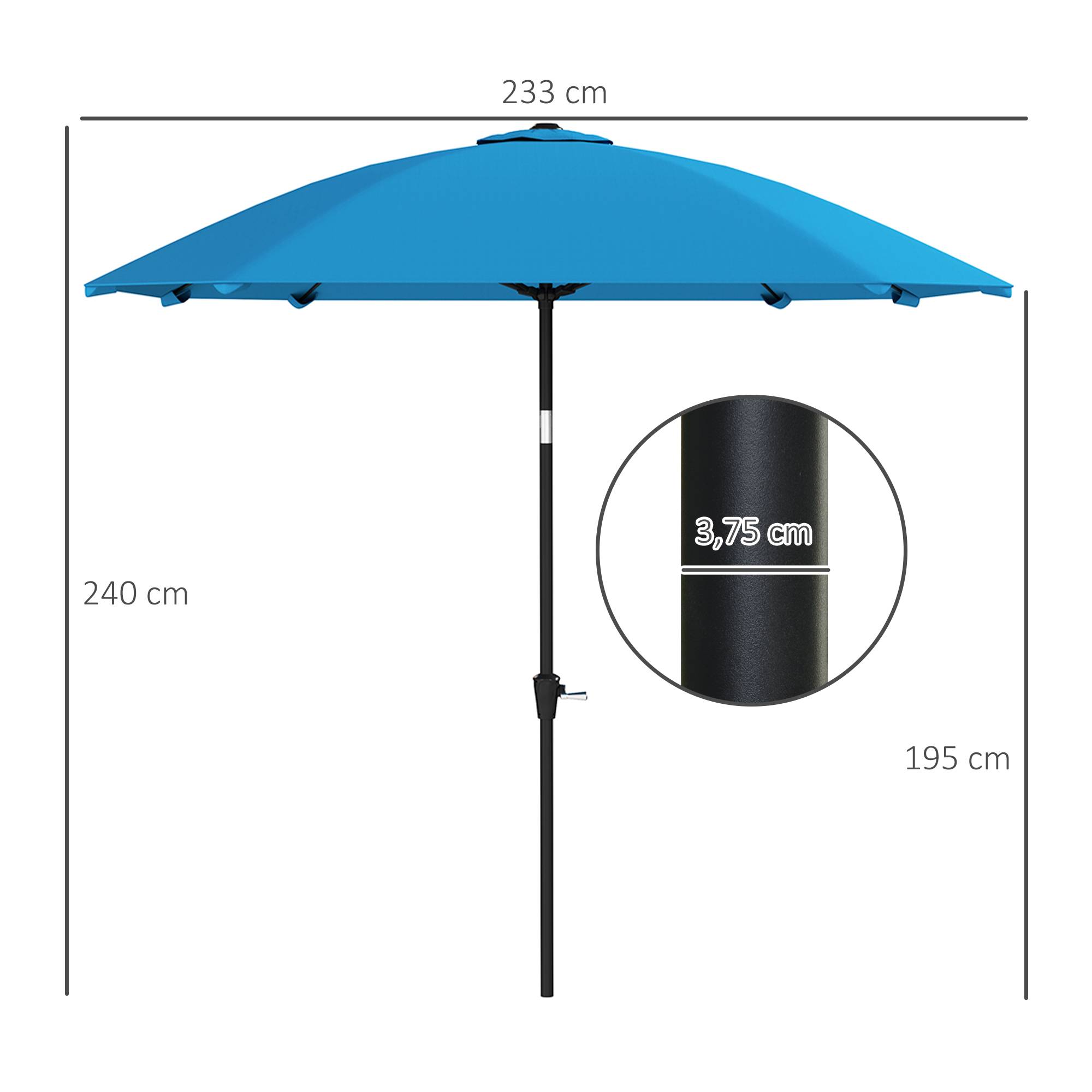 Parasol de jardin 233 x 233 cm, angle réglable, étanche, mât en aluminium, baleines en fibre de verre, manivelle, bleu - Image 5