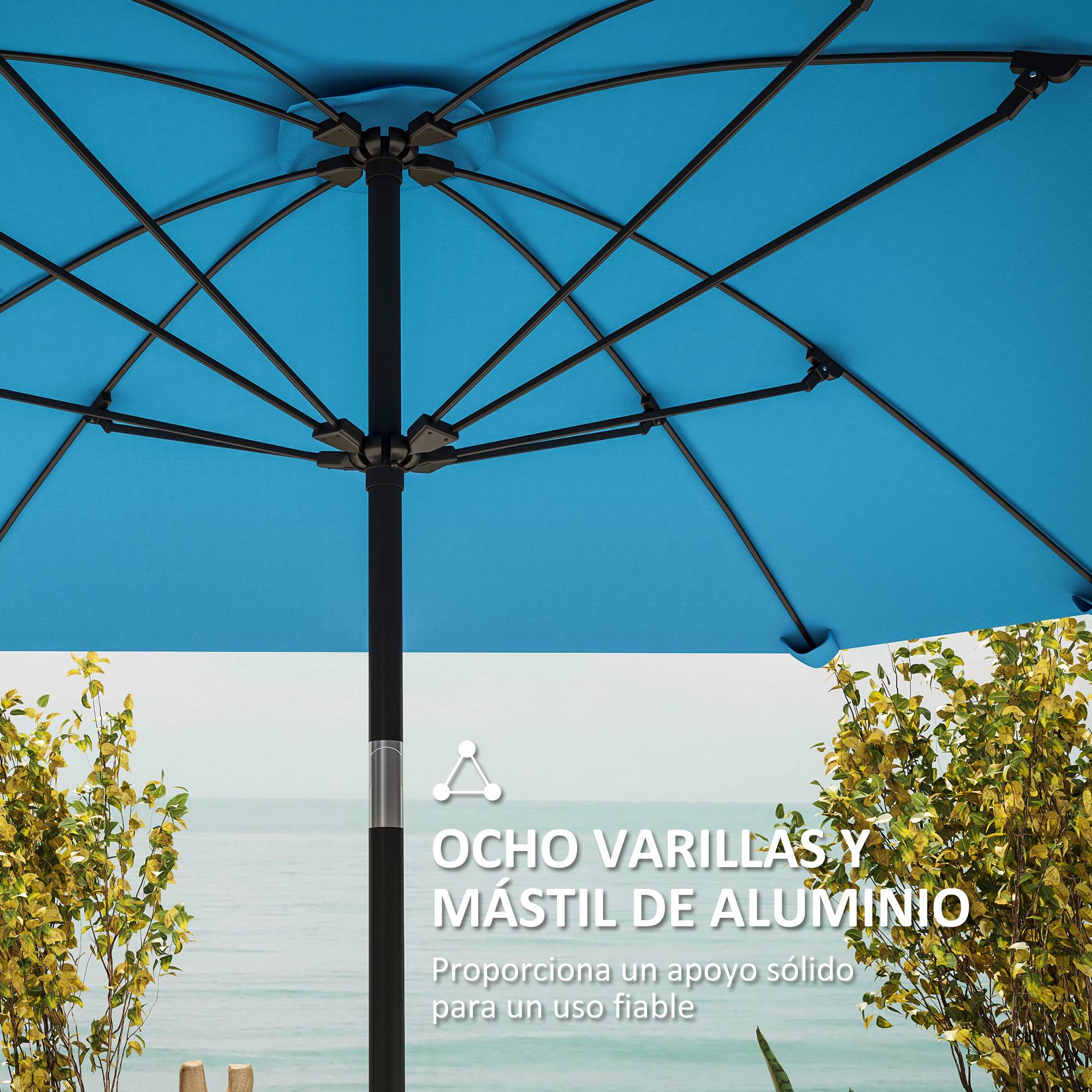 Parasol de jardin 233 x 233 cm, angle réglable, étanche, mât en aluminium, baleines en fibre de verre, manivelle, bleu - Image 9