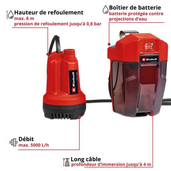 Einhell - Pompe d’évacuation eaux claires sans fil GE-SP 18 Li - Capacité 5000 L/h - Profondeur d'immersion 4 m - sans batterie Einhell - Image 2