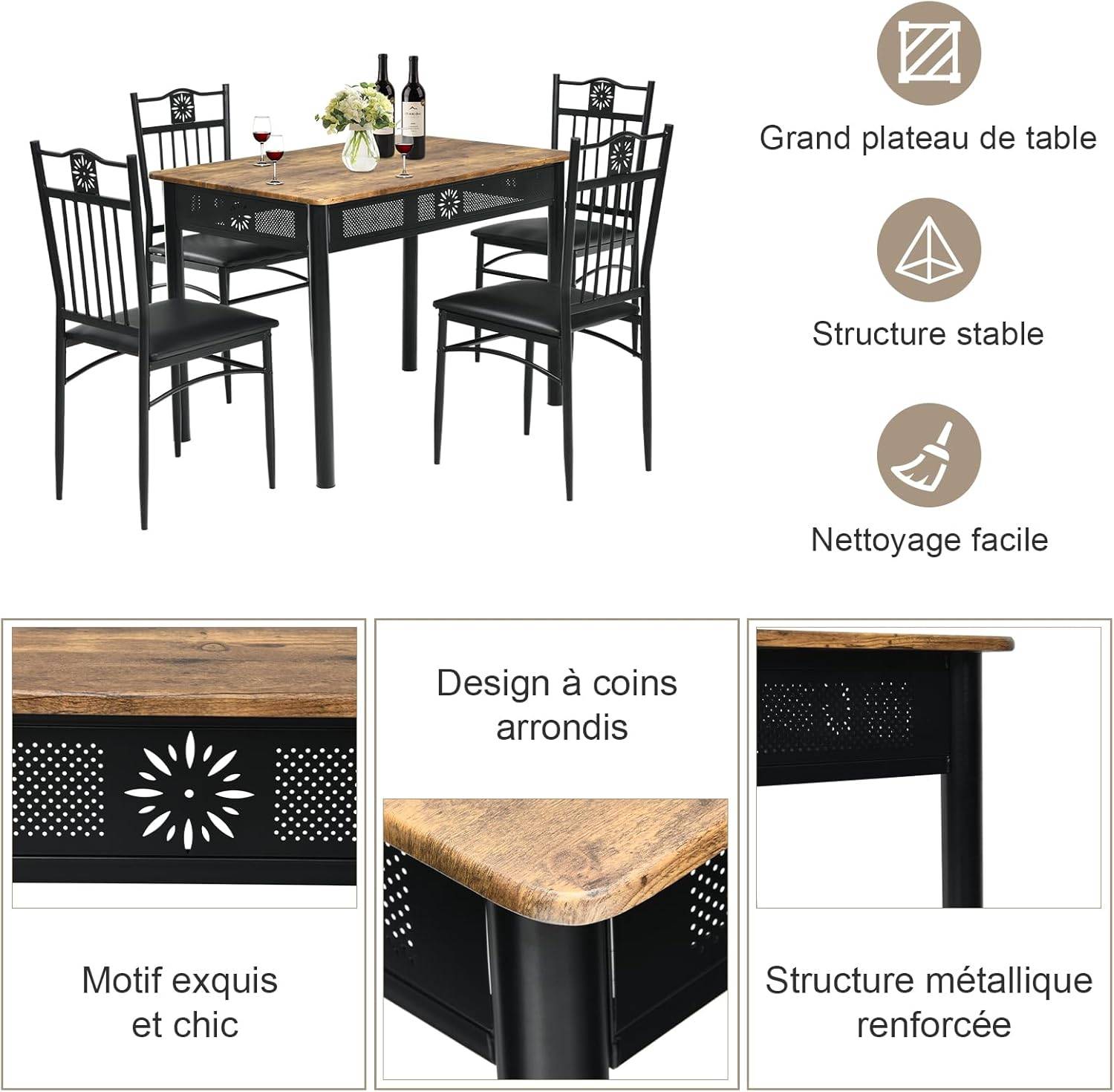 Chaise Salle à Manger Lot De 4, Cadre En Acier, Style Industriel, Marron Rustique Et Noir - Chaise