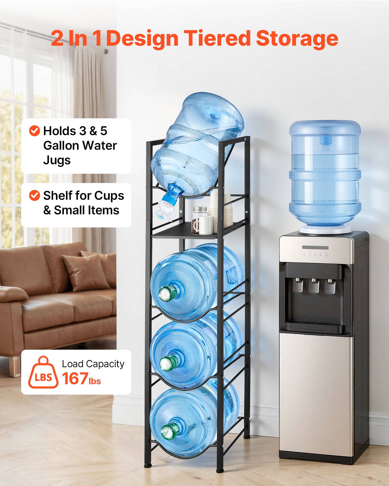 Vevor - VEVOR Support pour bonbonnes d'eau, rack 5 niveaux pour 4 bidons 11L/19L, étagère rangement, cadre acier Q195, pieds réglables, poignée, noir. - Image 2