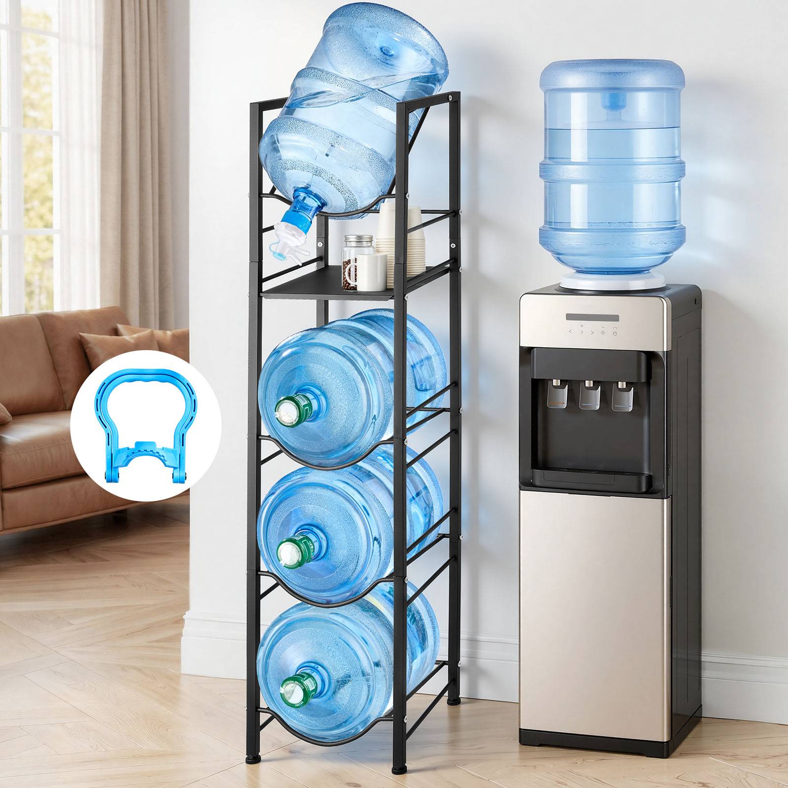 Vevor - VEVOR Support pour bonbonnes d'eau, rack 5 niveaux pour 4 bidons 11L/19L, étagère rangement, cadre acier Q195, pieds réglables, poignée, noir. - Image 8