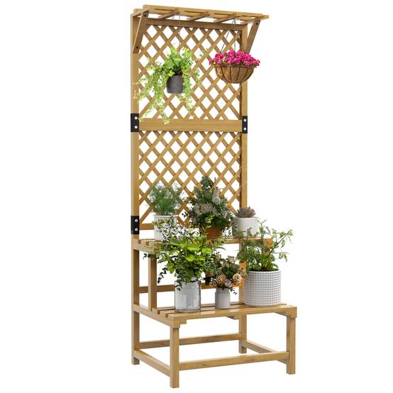 Sans Marque - Support plantes intérieur porte plante intérieure à deux niveaux avec treillis 60 x 50 x 166 cm en bois massif jaune - Image 1