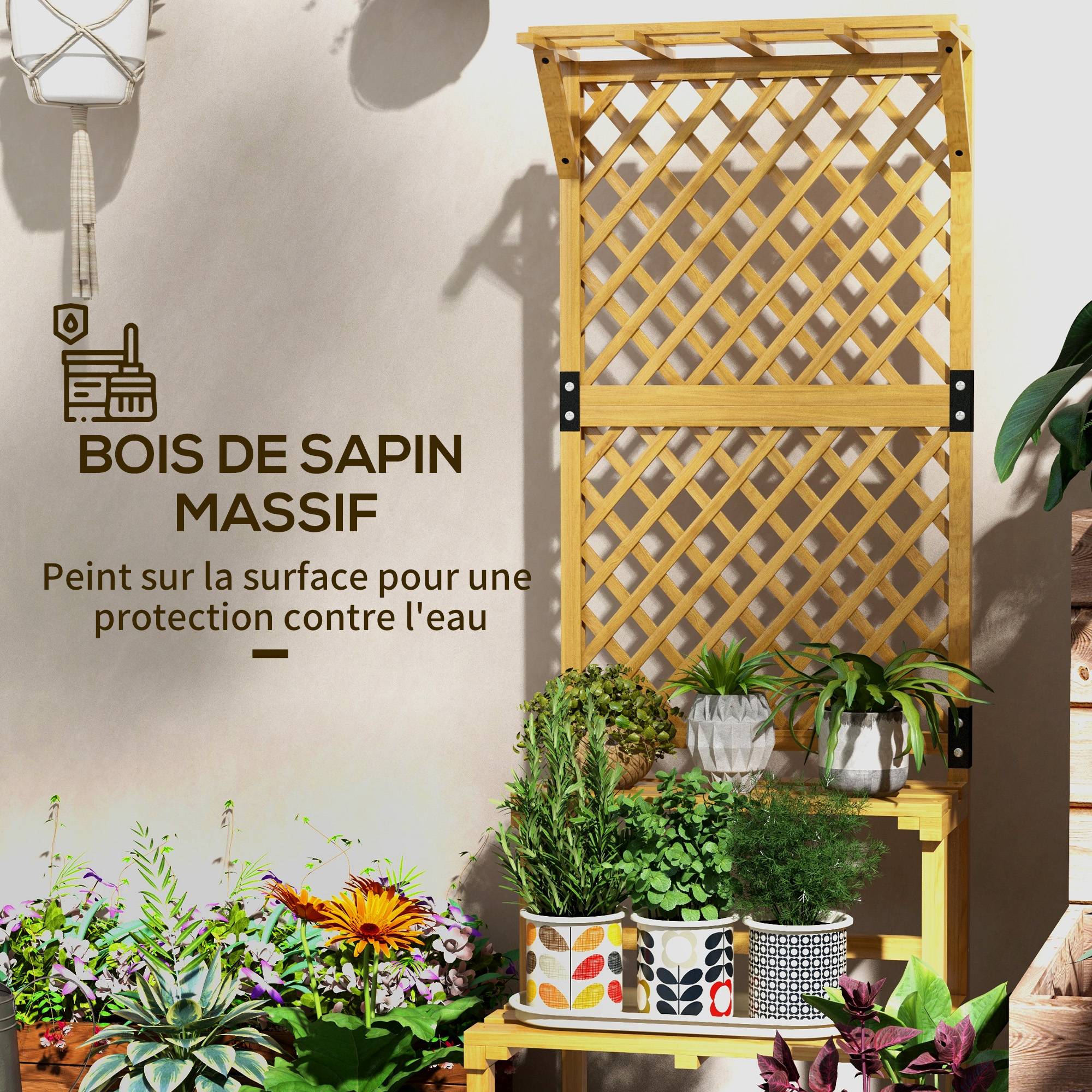 Sans Marque - Support plantes intérieur porte plante intérieure à deux niveaux avec treillis 60 x 50 x 166 cm en bois massif jaune - Image 7