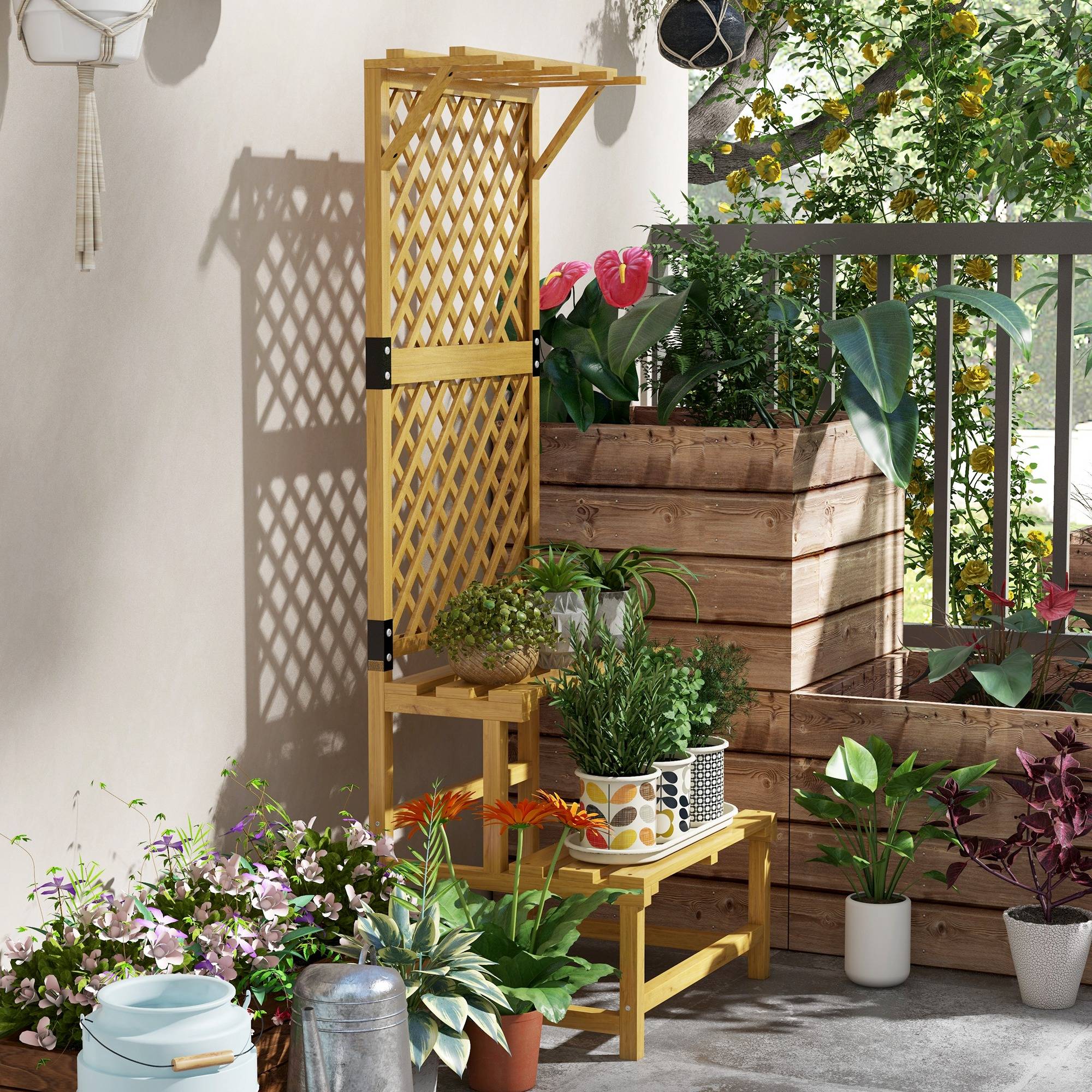 Sans Marque - Support plantes intérieur porte plante intérieure à deux niveaux avec treillis 60 x 50 x 166 cm en bois massif jaune - Image 9