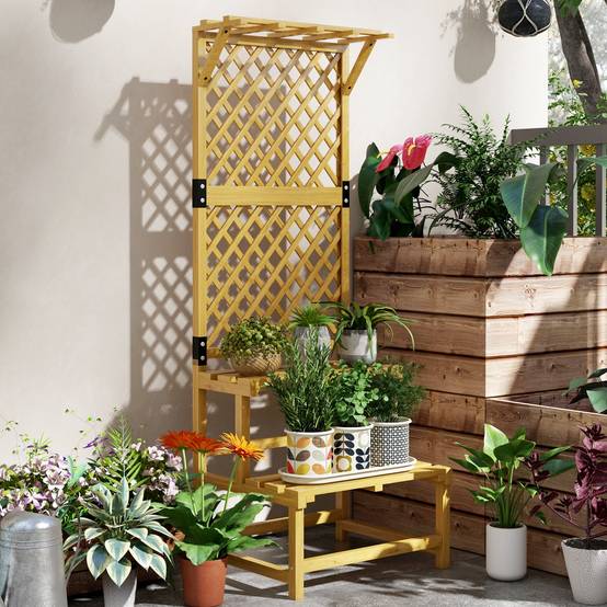 Sans Marque - Support plantes intérieur porte plante intérieure à deux niveaux avec treillis 60 x 50 x 166 cm en bois massif jaune - Image 4