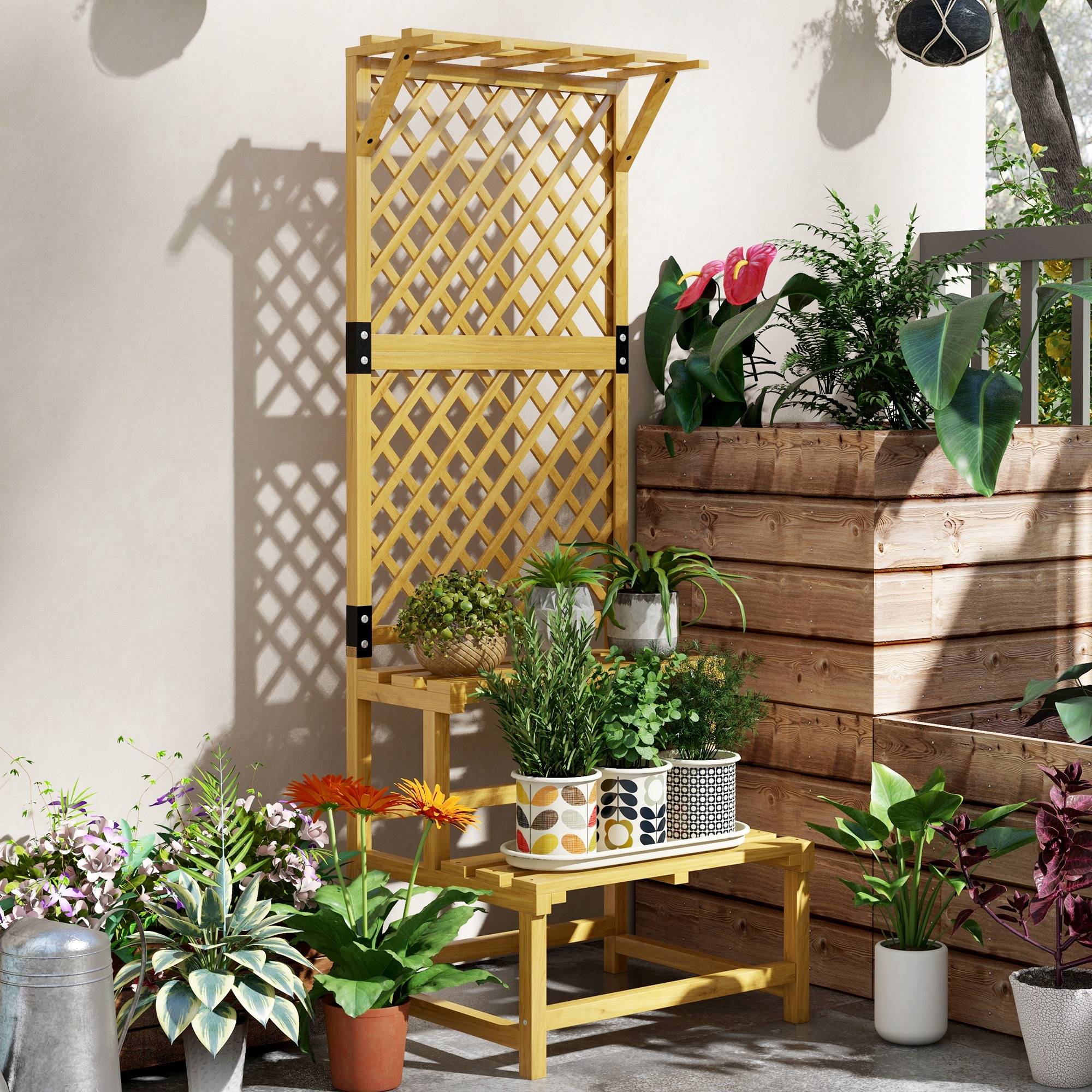 Sans Marque - Support plantes intérieur porte plante intérieure à deux niveaux avec treillis 60 x 50 x 166 cm en bois massif jaune - Image 4