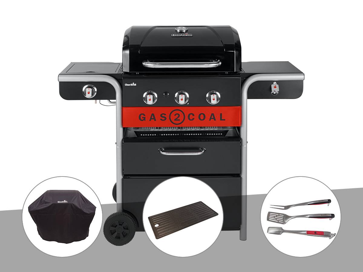 Char-broil - Barbecue à gaz et à charbon Gas2Coal 2.0 3B + Housse de protection + Plancha + Kit 3 ustensiles - Char-Broil - Image 1