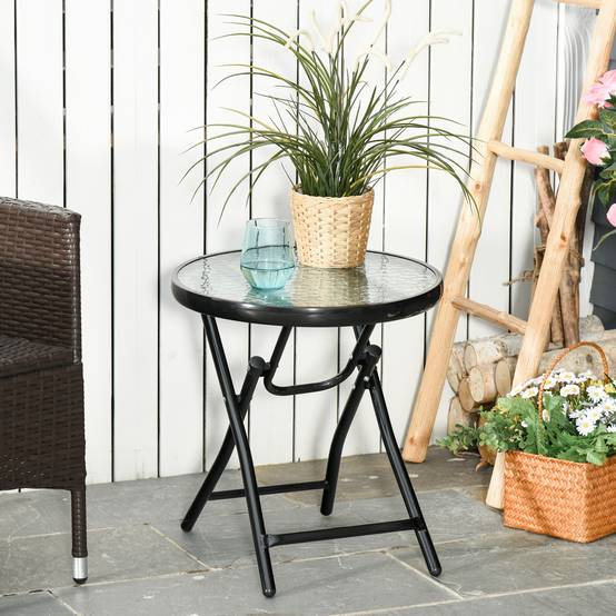 Table de jardin ronde pliante en verre avec boucle de sécurité, bordure métallique, pour intérieur et extérieur, Ø45 x 50 cm, noire - Image 4