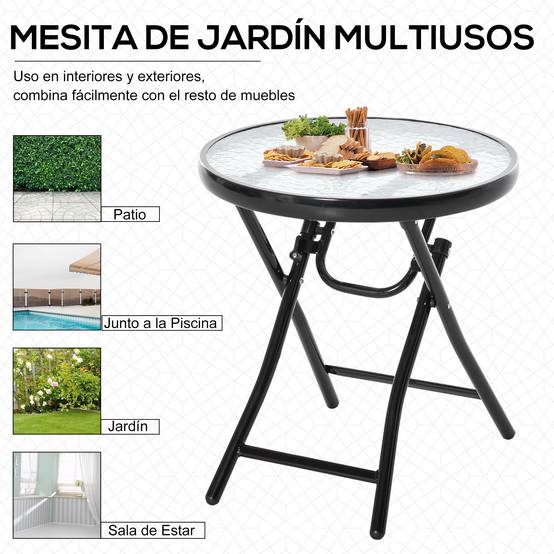 Table de jardin ronde pliante en verre avec boucle de sécurité, bordure métallique, pour intérieur et extérieur, Ø45 x 50 cm, noire - Image 6