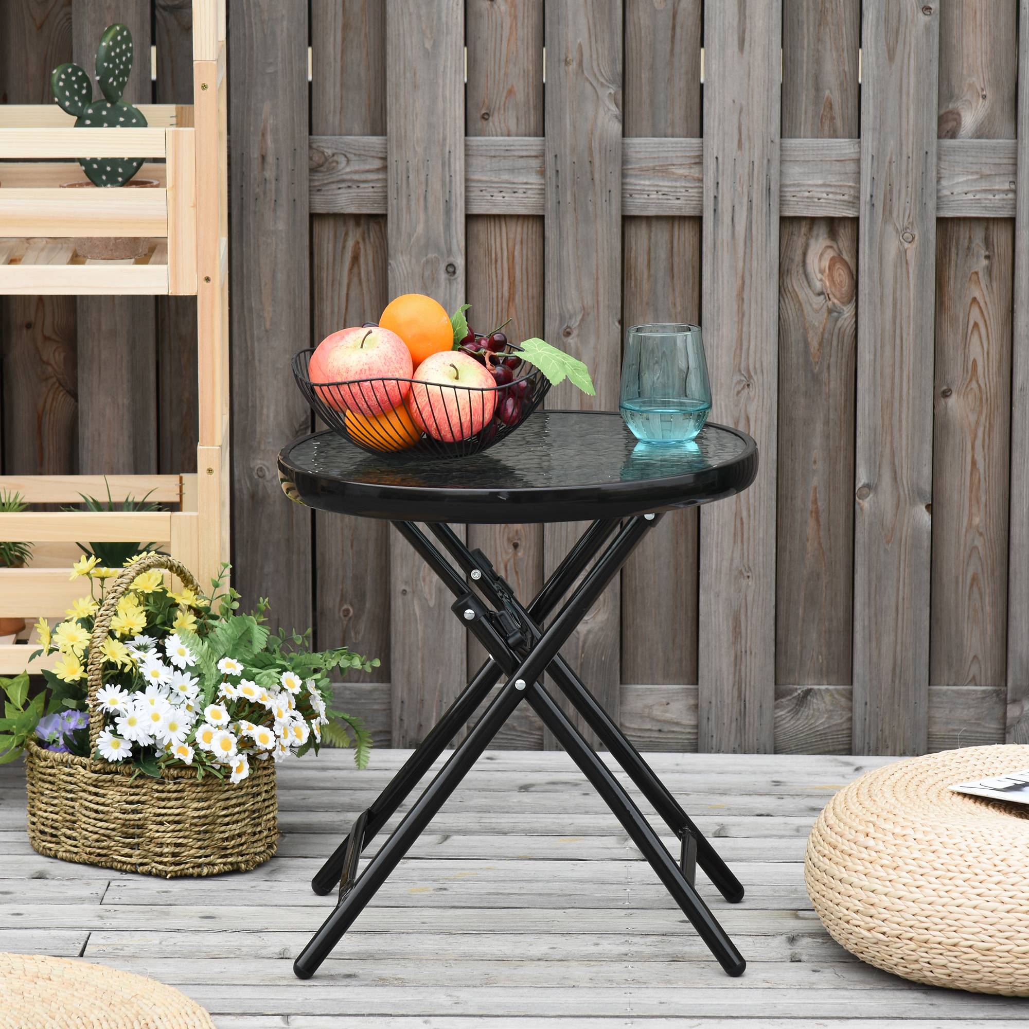 Table de jardin ronde pliante en verre avec boucle de sécurité, bordure métallique, pour intérieur et extérieur, Ø45 x 50 cm, noire - Image 3
