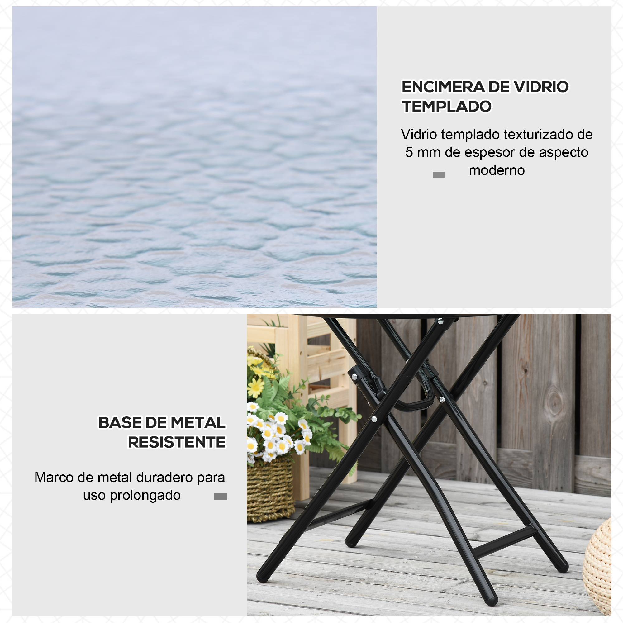 Table de jardin ronde pliante en verre avec boucle de sécurité, bordure métallique, pour intérieur et extérieur, Ø45 x 50 cm, noire - Image 9