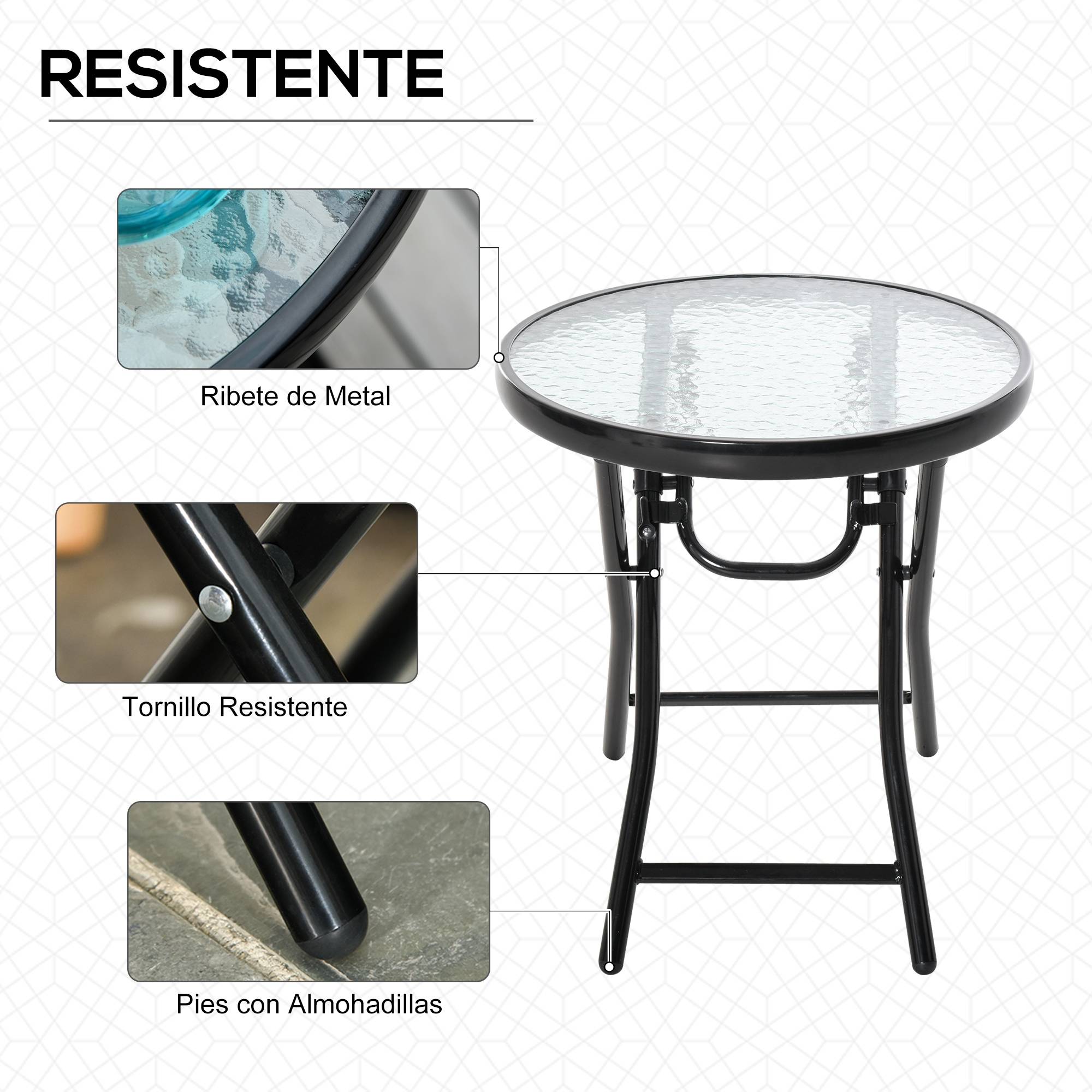 Table de jardin ronde pliante en verre avec boucle de sécurité, bordure métallique, pour intérieur et extérieur, Ø45 x 50 cm, noire - Image 8