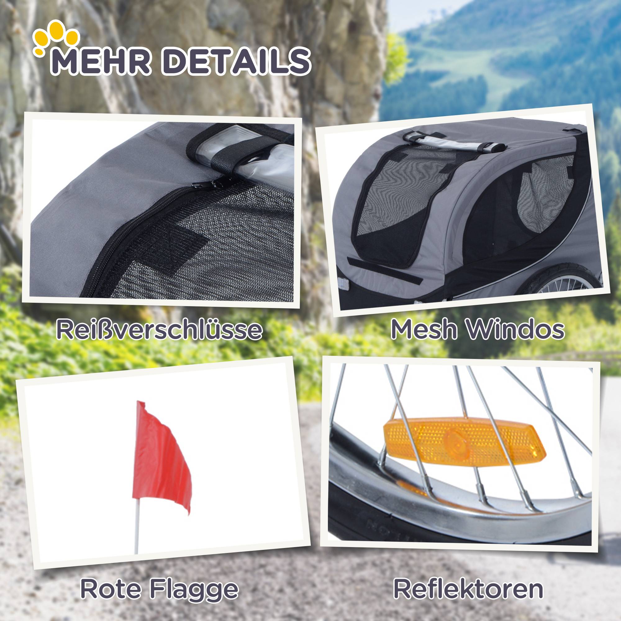Remorque de vélo pour chien, transporteur animal gris-noir, 130x73x90cm, pour sorties sécurisées avec votre chien - Image 7