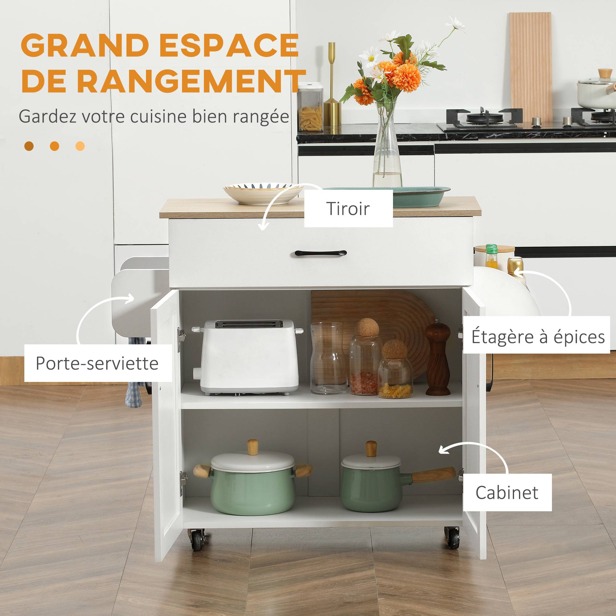 Dessert îlot de cuisine multi-rangements 1 tiroirs 1 placard 2 portes avec étagère réglable porte-torchons et porte-épices - bois blanc - Image 6