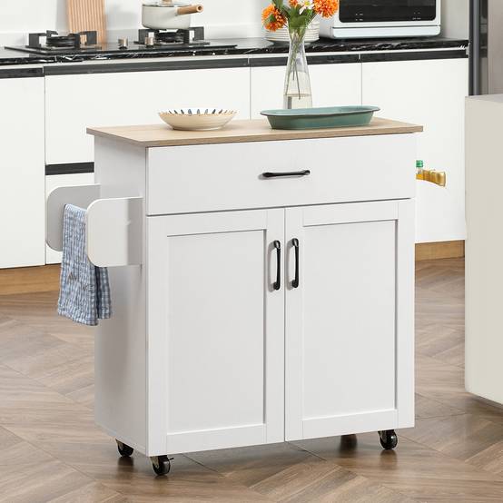 Dessert îlot de cuisine multi-rangements 1 tiroirs 1 placard 2 portes avec étagère réglable porte-torchons et porte-épices - bois blanc - Image 3