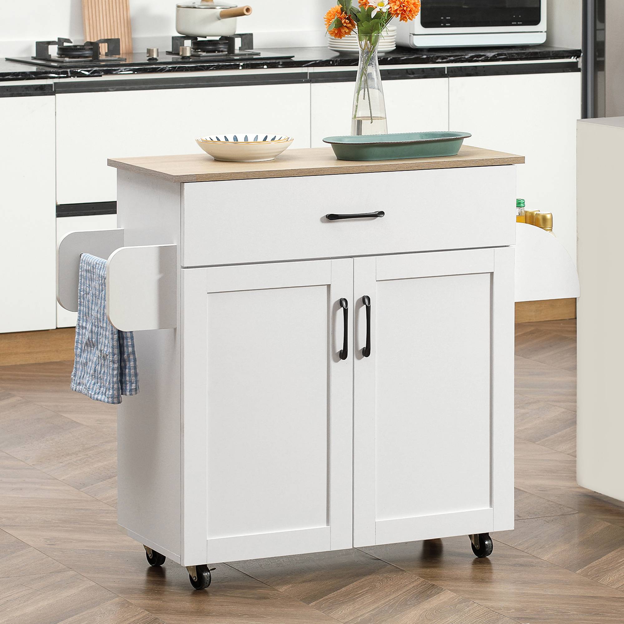 Dessert îlot de cuisine multi-rangements 1 tiroirs 1 placard 2 portes avec étagère réglable porte-torchons et porte-épices - bois blanc - Image 3