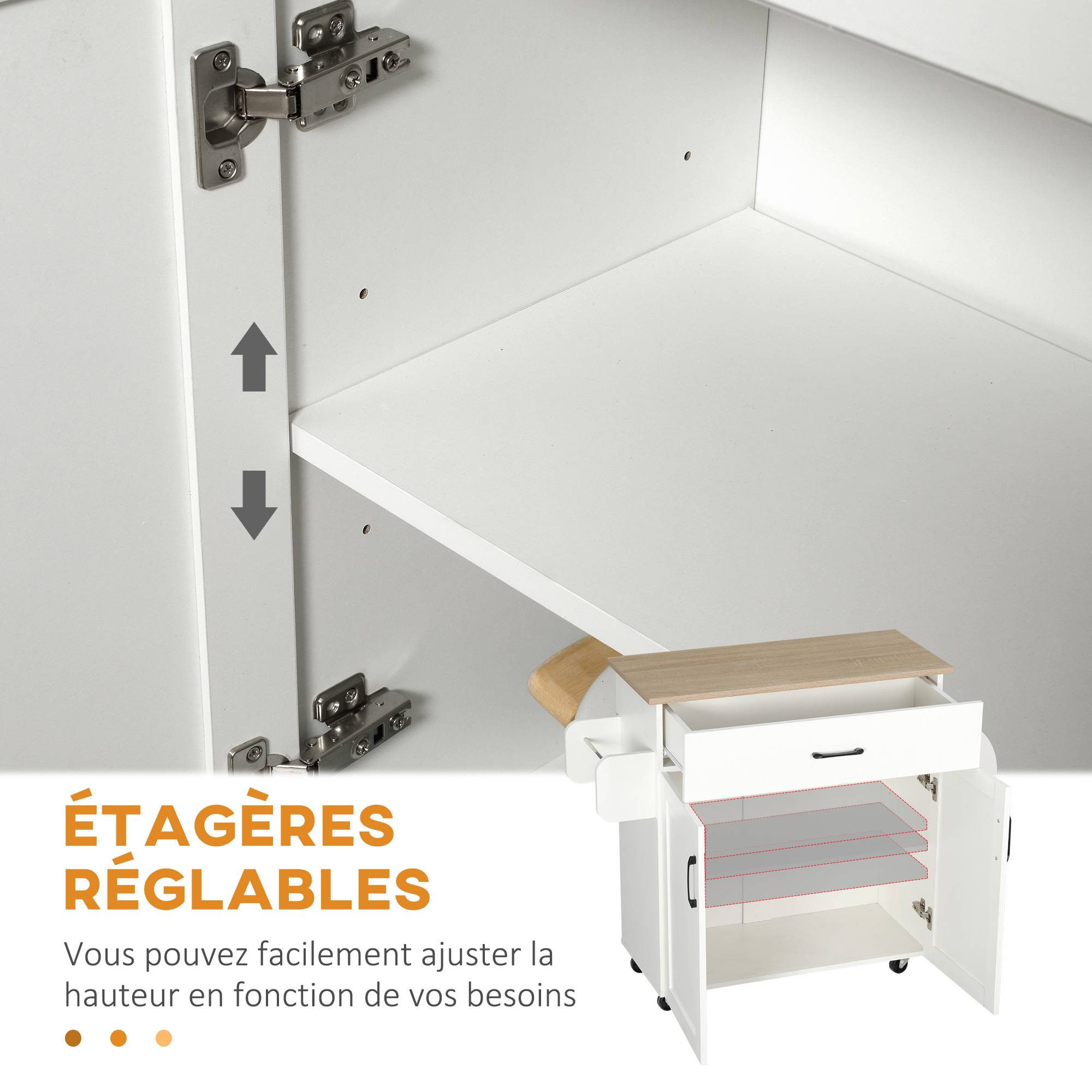 Dessert îlot de cuisine multi-rangements 1 tiroirs 1 placard 2 portes avec étagère réglable porte-torchons et porte-épices - bois blanc - Image 8