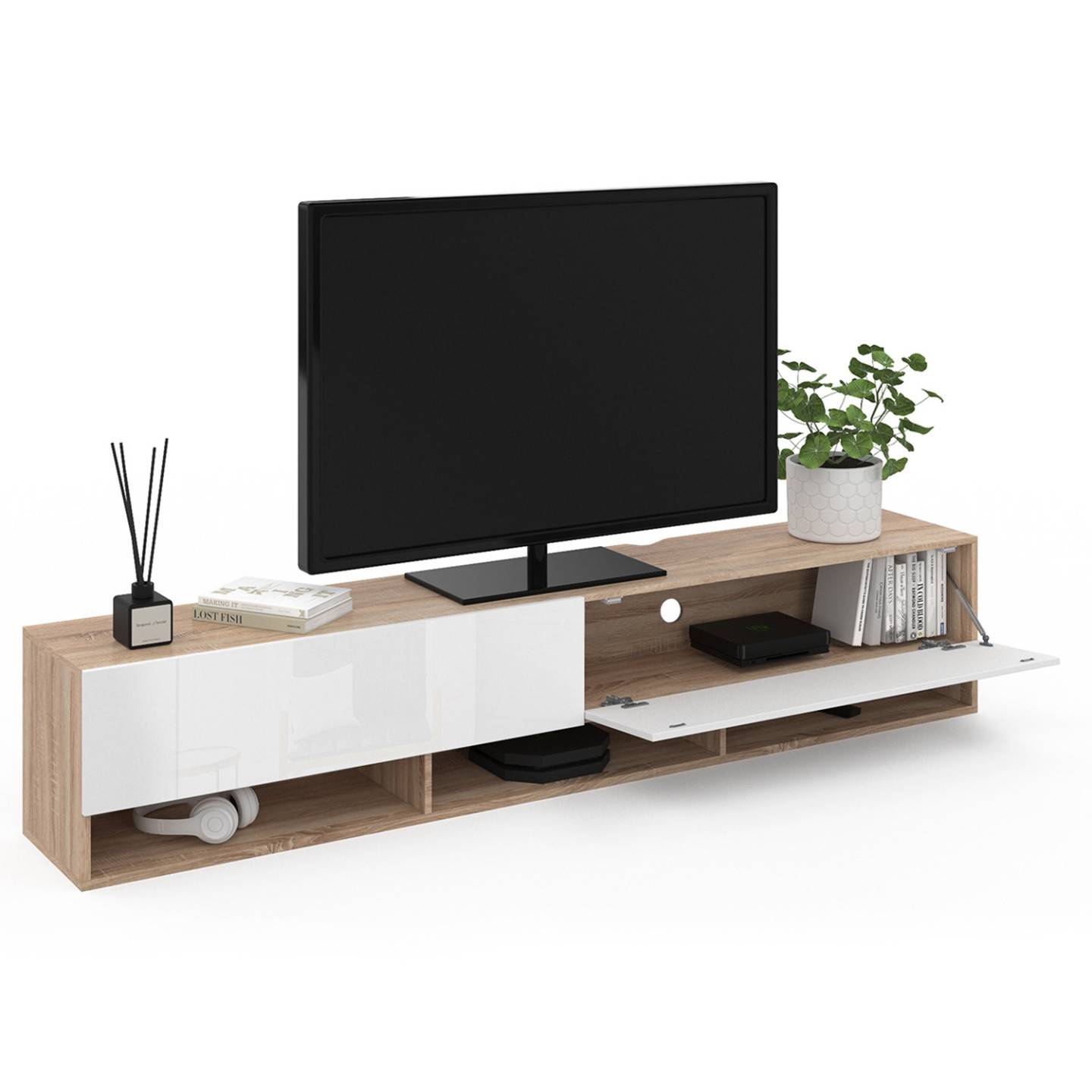 Meuble TV 180 cm suspendu ELIO 2 portes avec étagère bois et blanc - Image 4