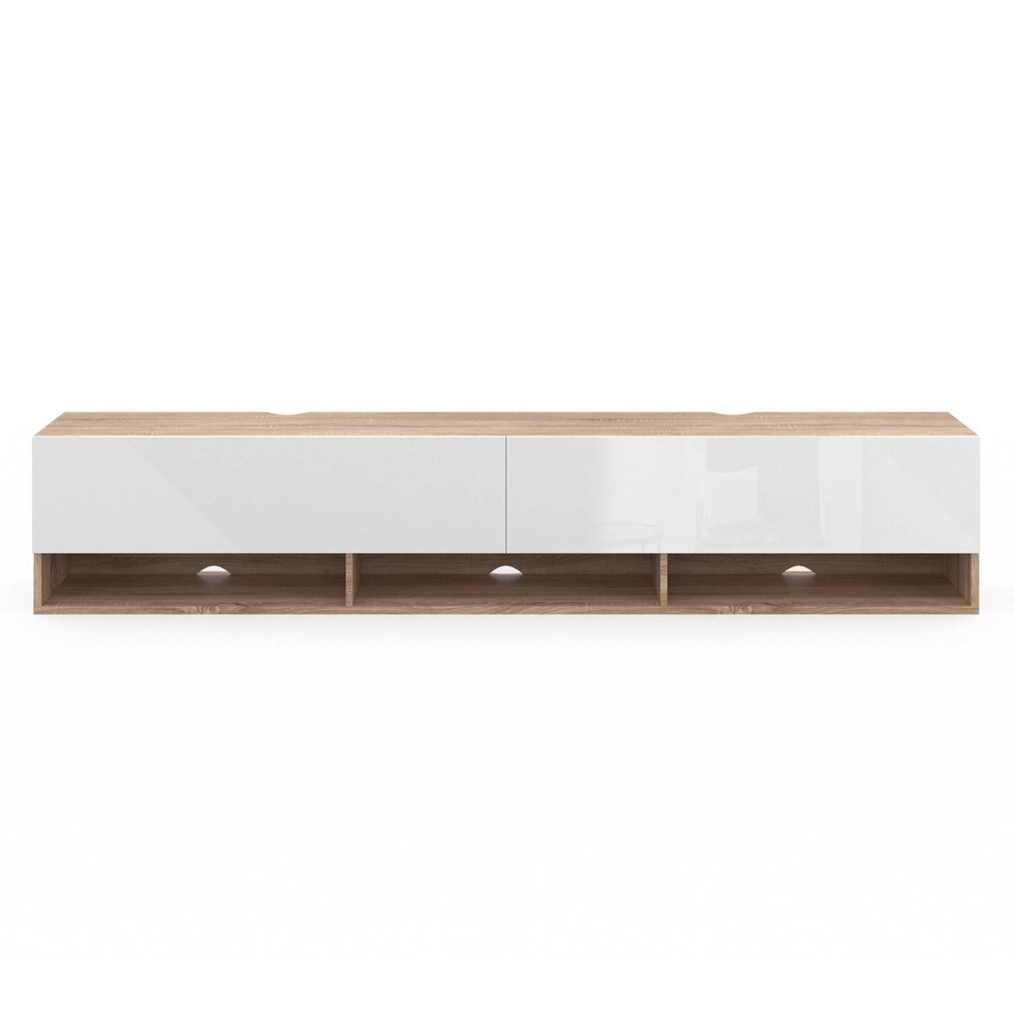 Meuble TV 180 cm suspendu ELIO 2 portes avec étagère bois et blanc - Image 3