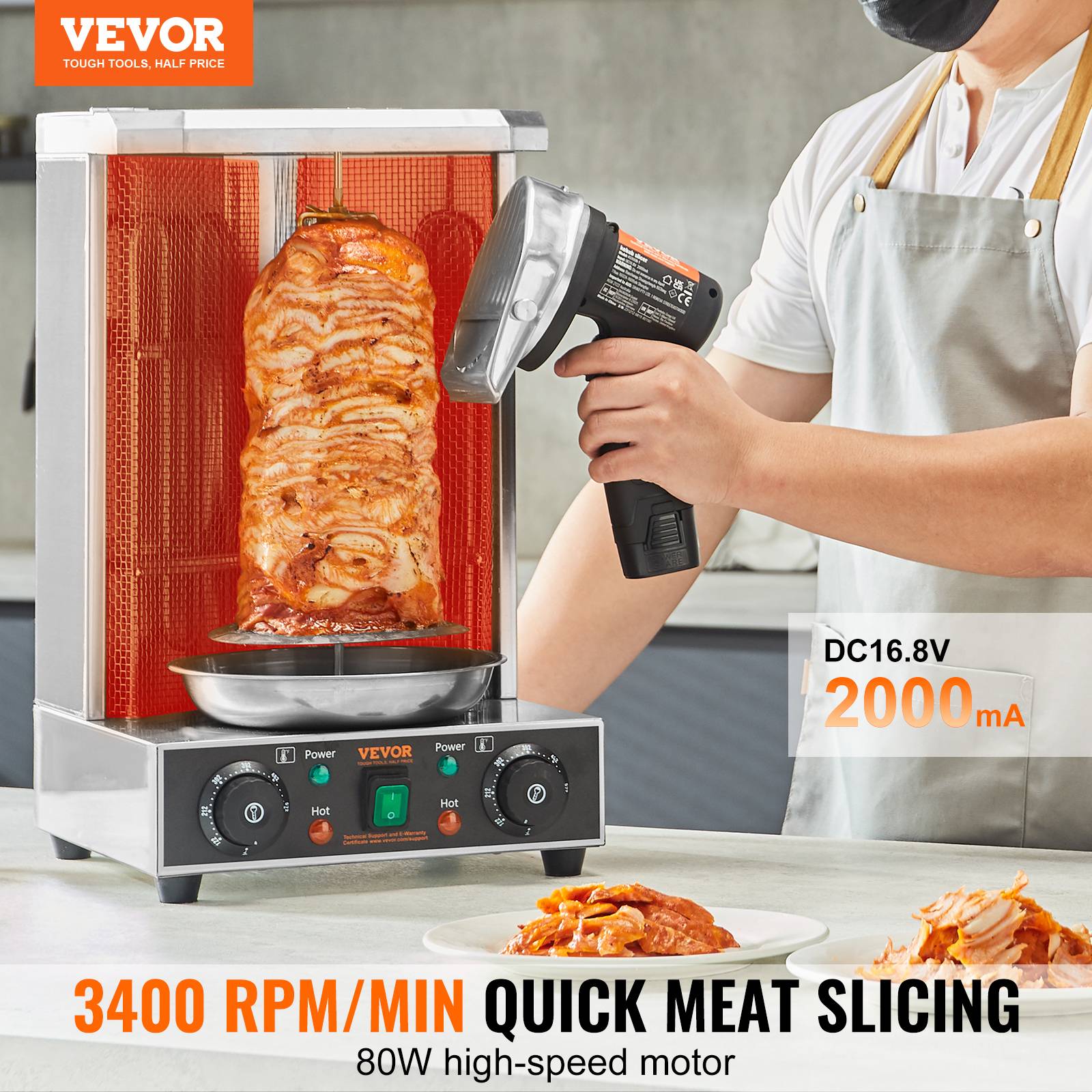VEVOR Couteau à kebab électrique sans fil 80W, inox, 2 lames D100mm, épaisseur 0-8mm, pour restaurant. - Image 2