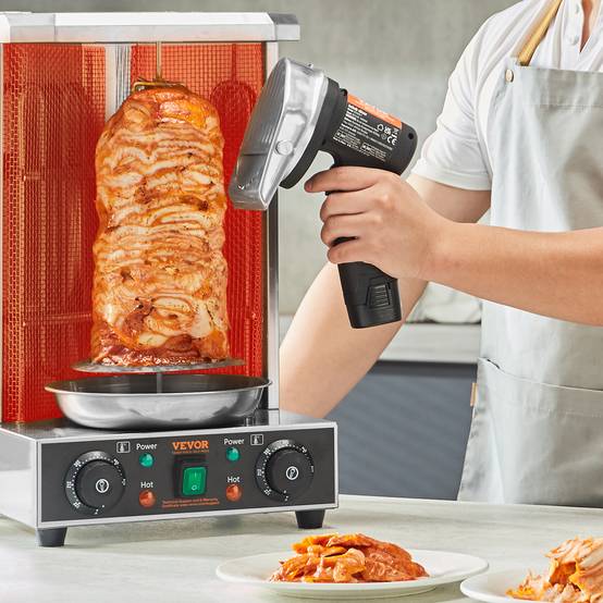 VEVOR Couteau à kebab électrique sans fil 80W, inox, 2 lames D100mm, épaisseur 0-8mm, pour restaurant. - Image 8