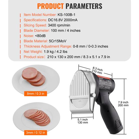 VEVOR Couteau à kebab électrique sans fil 80W, inox, 2 lames D100mm, épaisseur 0-8mm, pour restaurant. - Image 7