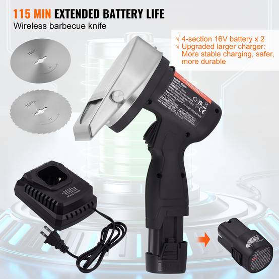 VEVOR Couteau à kebab électrique sans fil 80W, inox, 2 lames D100mm, épaisseur 0-8mm, pour restaurant. - Image 3