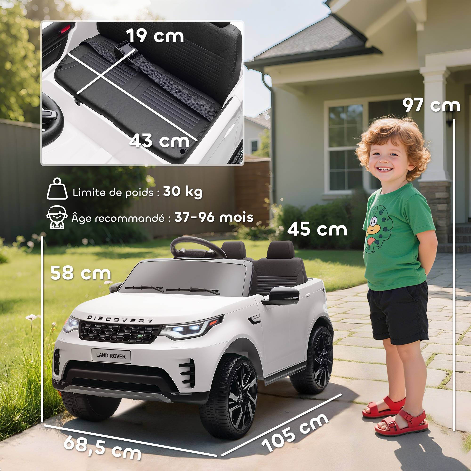 Voiture électrique enfant véhicule électrique Land Rover Discovery 12V télécommande 2,4 G 2 moteurs 105x68,5x58cm blanc - Image 5