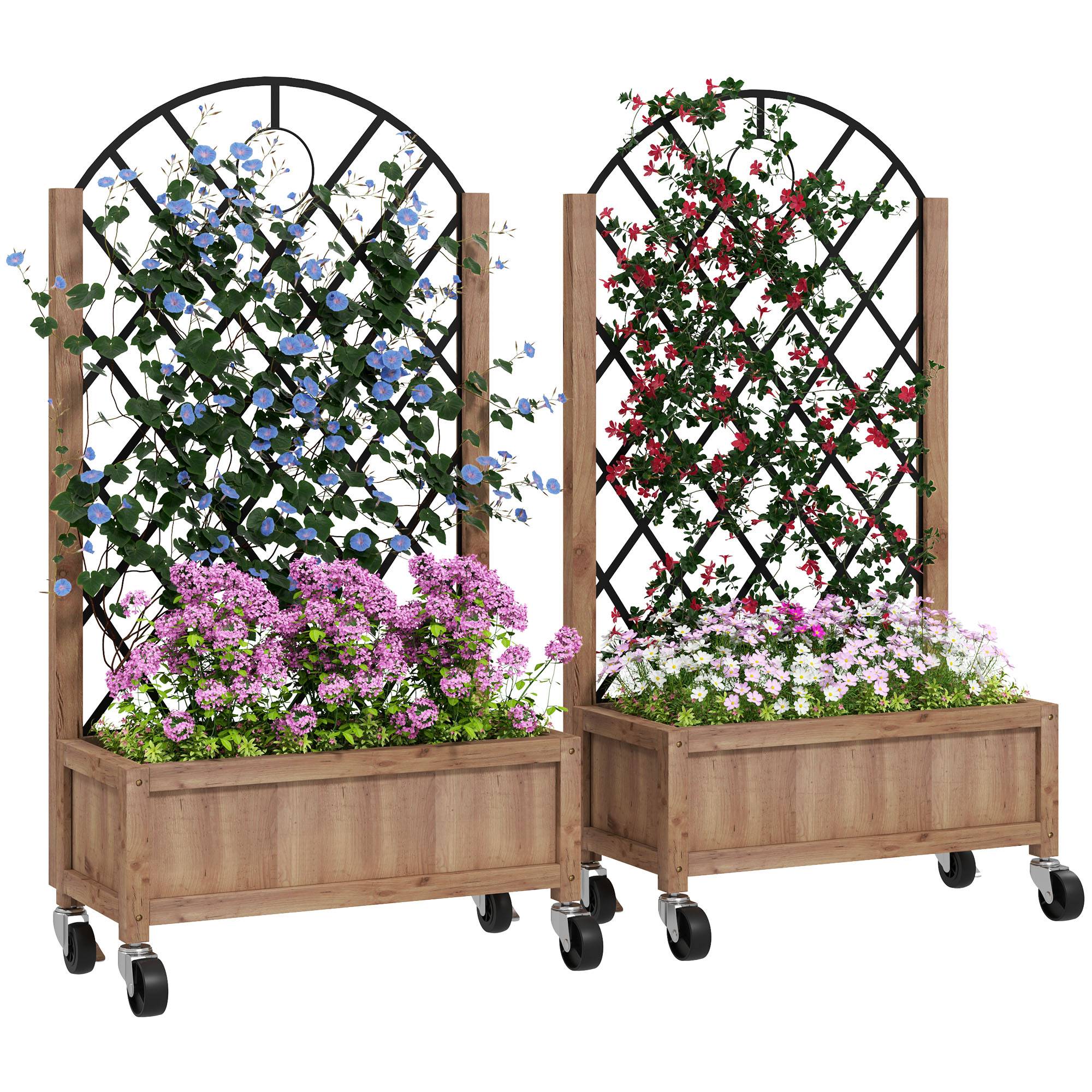Sans Marque - Ensemble 2 jardinières surélevées bois roulettes treillis pots 52x25x97 cm marron - Image 2