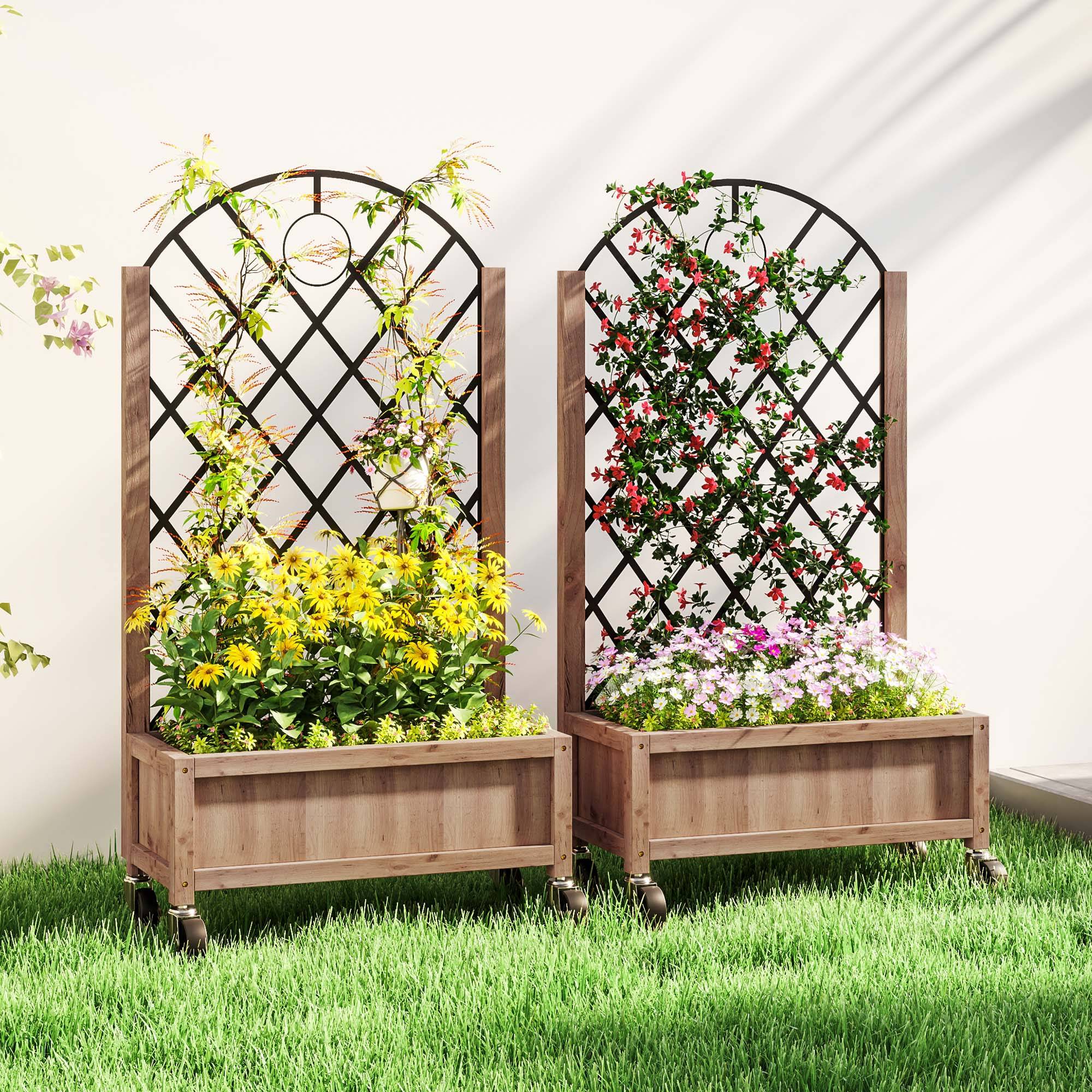 Sans Marque - Ensemble 2 jardinières surélevées bois roulettes treillis pots 52x25x97 cm marron - Image 4