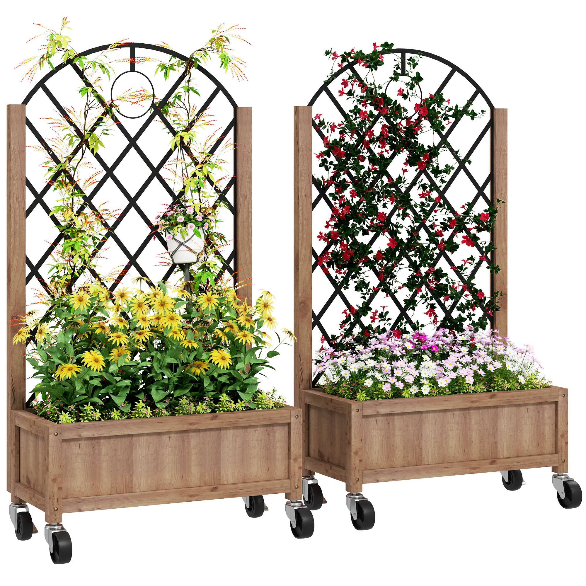 Sans Marque - Ensemble 2 jardinières surélevées bois roulettes treillis pots 52x25x97 cm marron - Image 1