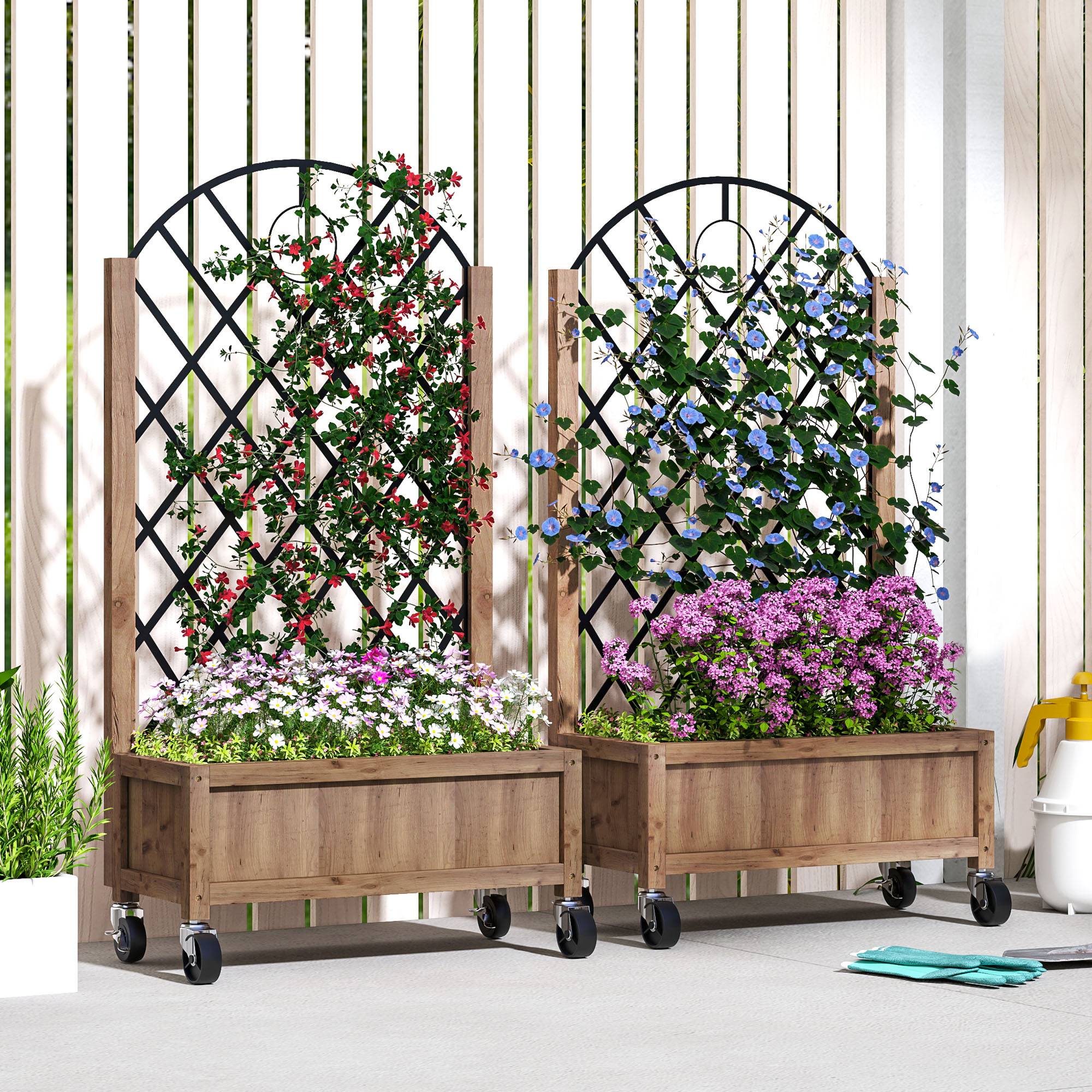 Sans Marque - Ensemble 2 jardinières surélevées bois roulettes treillis pots 52x25x97 cm marron - Image 3