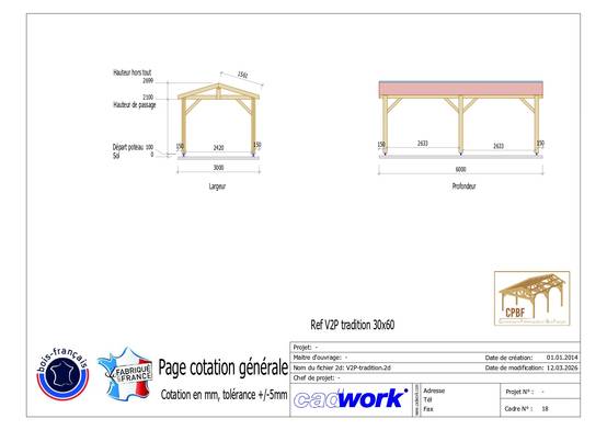 Cpbf Charpentes - Carport bois 2 pentes en bois douglas 18 m², 6 poteaux. Abri voiture extérieur. garantie 10 ans - Image 2