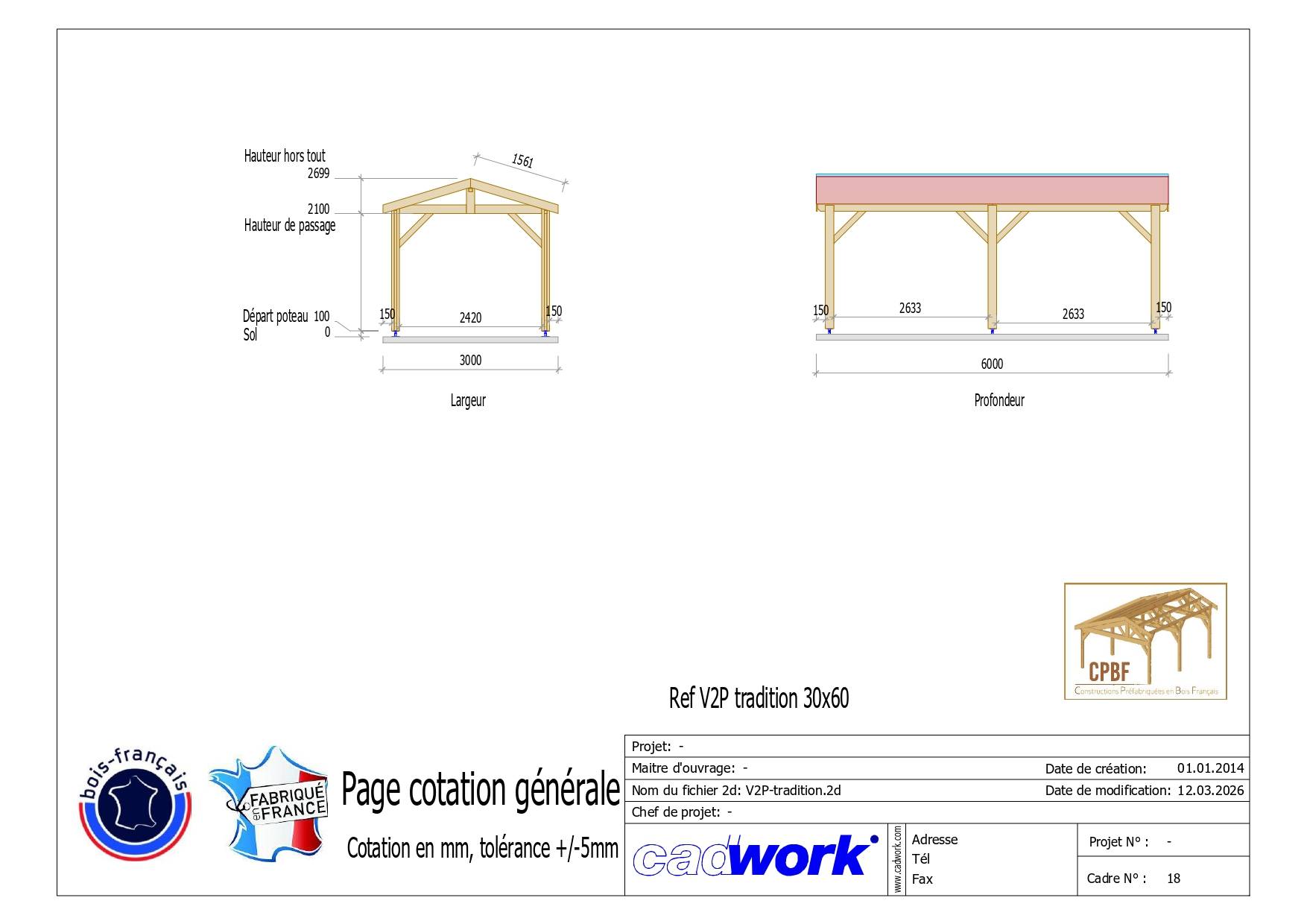 Cpbf Charpentes - Carport bois 2 pentes en bois douglas 18 m², 6 poteaux. Abri voiture extérieur. garantie 10 ans - Image 2