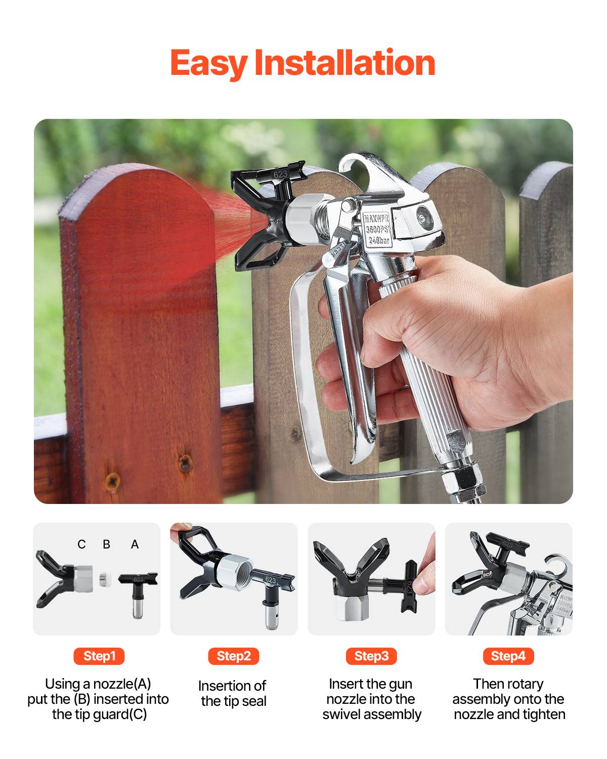 VEVOR Pistolet pulvérisateur peinture sans air, 248 bar, 5 embouts. - Image 4