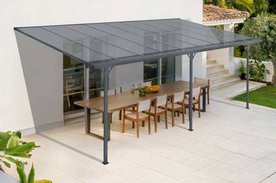Cazeboo Pergola/Carport adossée 16,5 m² KLEO 5,5x3 m gris - toit terrasse en aluminium et polycarbonate - Image 1