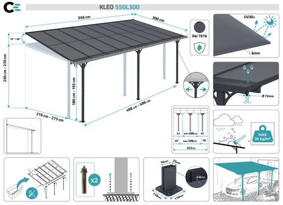 Cazeboo Pergola/Carport adossée 16,5 m² KLEO 5,5x3 m gris - toit terrasse en aluminium et polycarbonate - Image 2