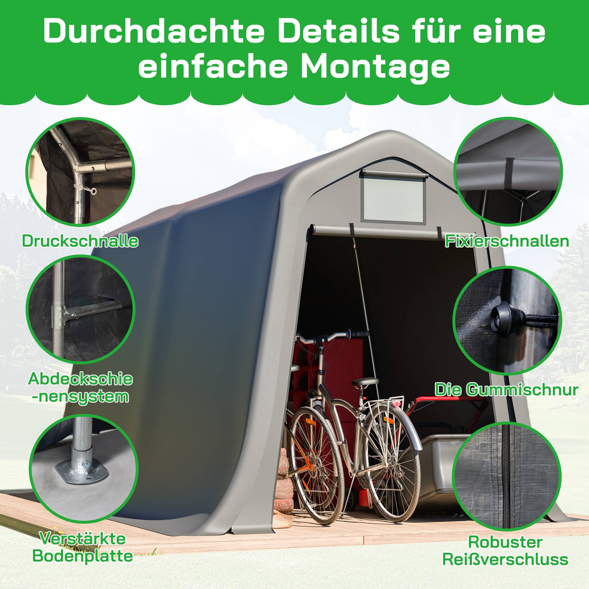 Abri à outils 366×213×225cm à toit pointu, bâche PE étanche, fenêtres d'aération, résistant UV et vent, piquets en L pour moto et outils - Image 6