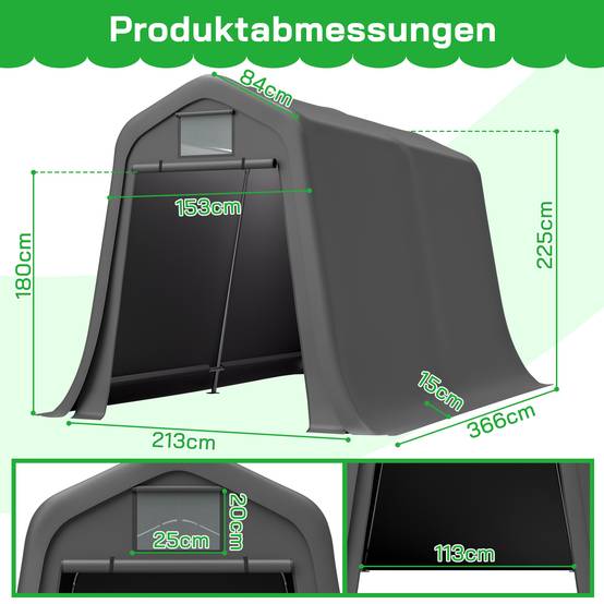 Abri à outils 366×213×225cm à toit pointu, bâche PE étanche, fenêtres d'aération, résistant UV et vent, piquets en L pour moto et outils - Image 2
