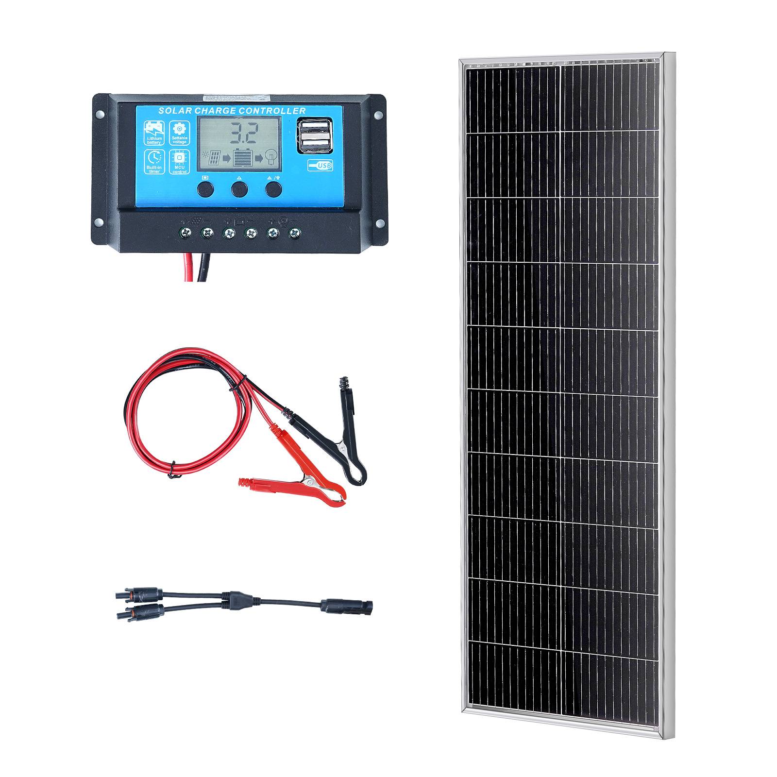 VEVOR Kit panneau solaire monocristallin 100W 12V + contrôleur charge, IP68, pour maison/camping-car/bateau. - Image 1