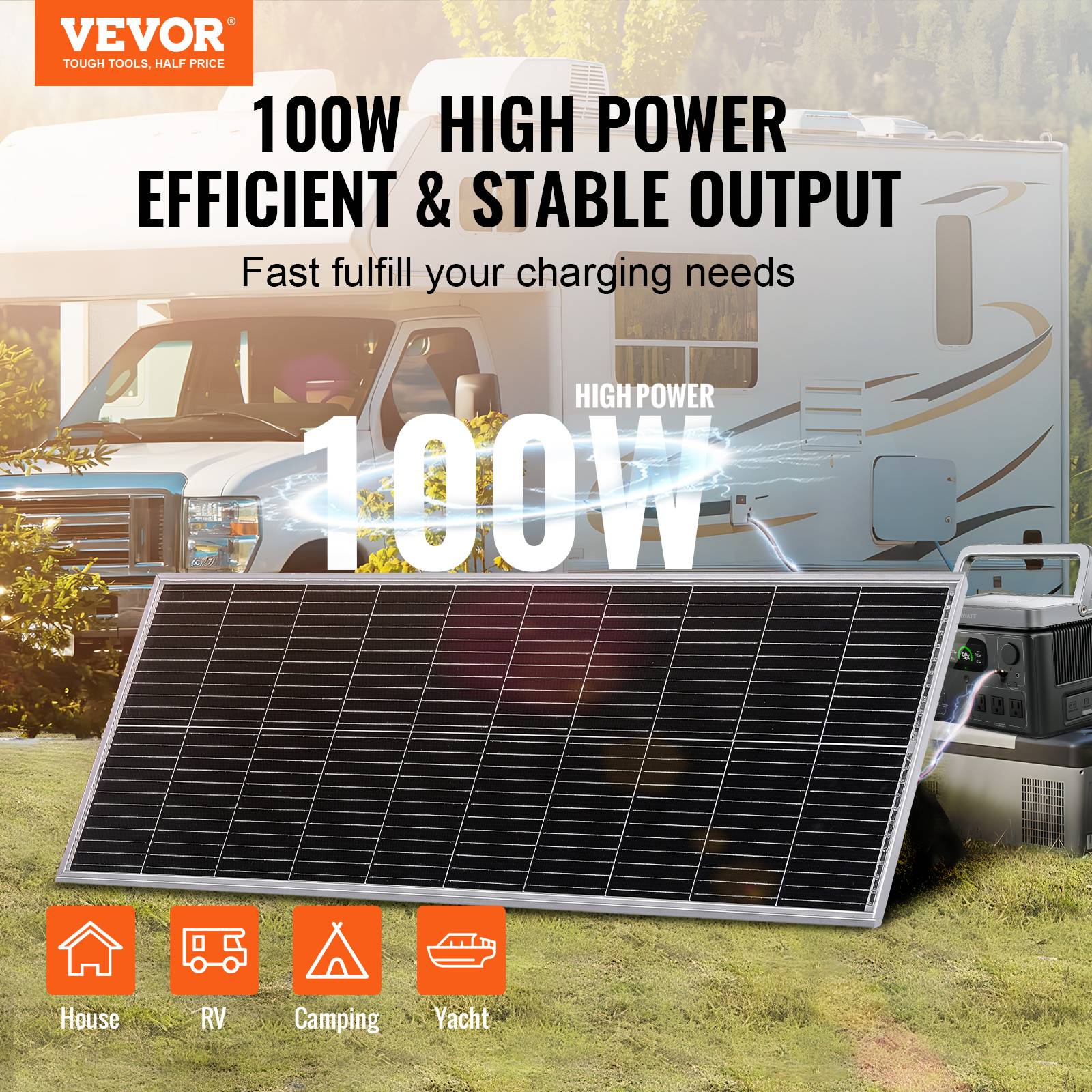 VEVOR Kit panneau solaire monocristallin 100W 12V + contrôleur charge, IP68, pour maison/camping-car/bateau. - Image 2