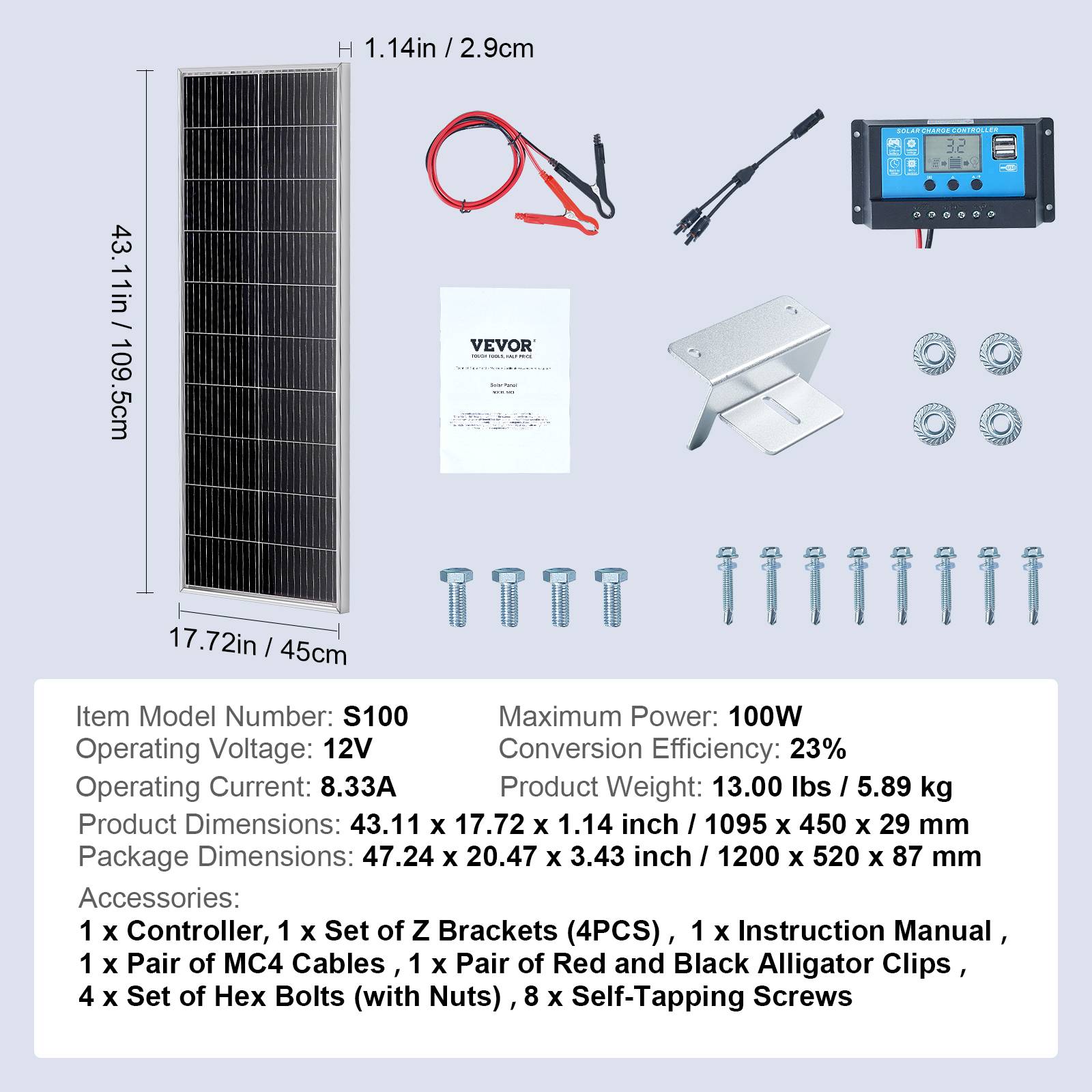 VEVOR Kit panneau solaire monocristallin 100W 12V + contrôleur charge, IP68, pour maison/camping-car/bateau. - Image 7