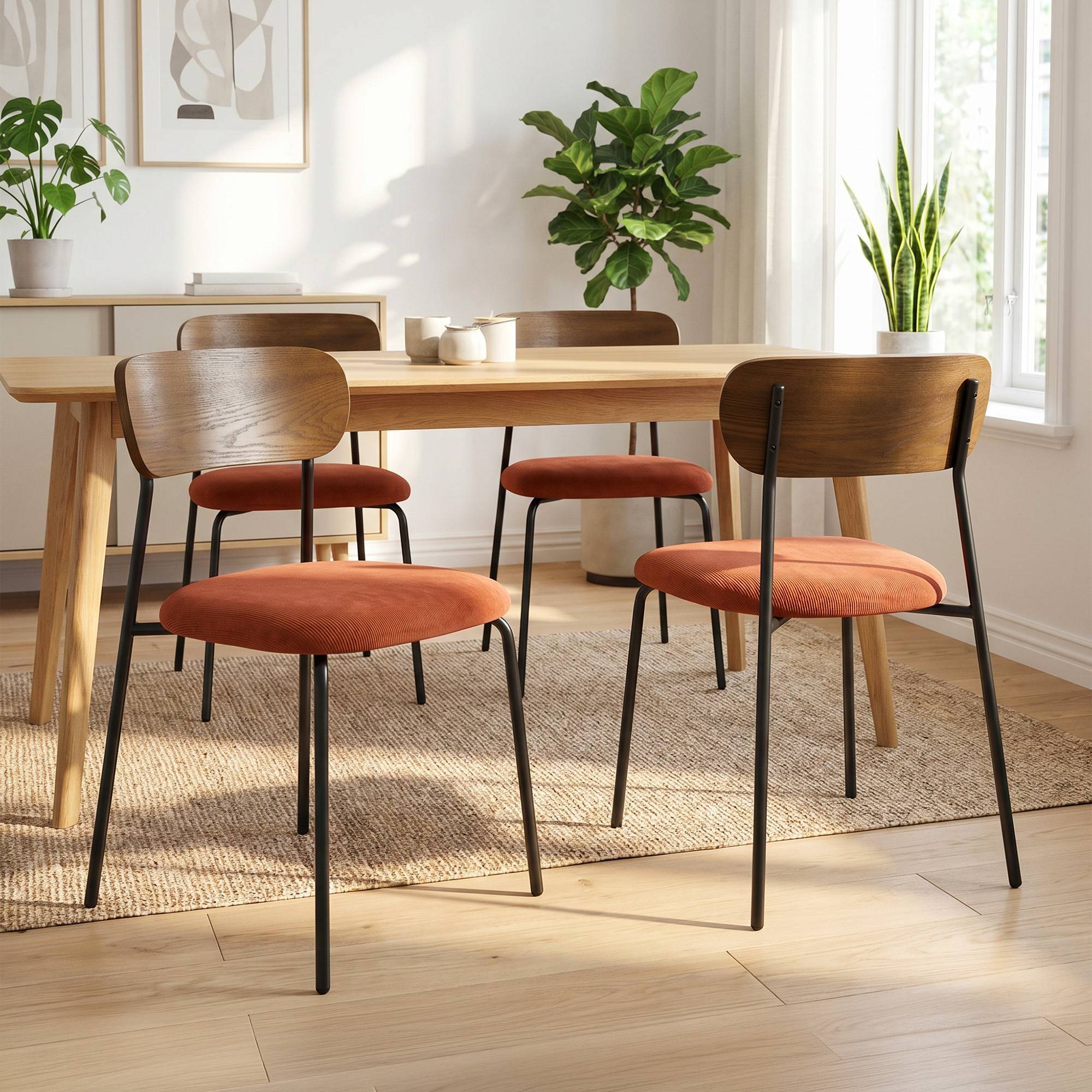 Sicaan Lot de 4 chaises scandinaves velours côtelé terracotta placage frêne pieds métal noir - OLIVIA - Image 1