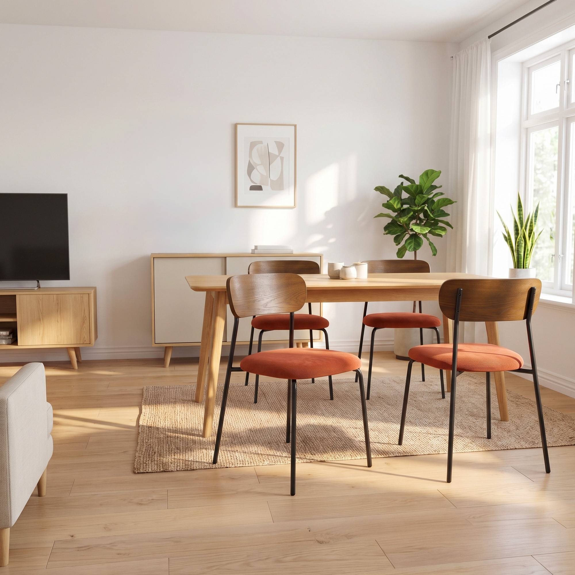Sicaan Lot de 4 chaises scandinaves velours côtelé terracotta placage frêne pieds métal noir - OLIVIA - Image 4