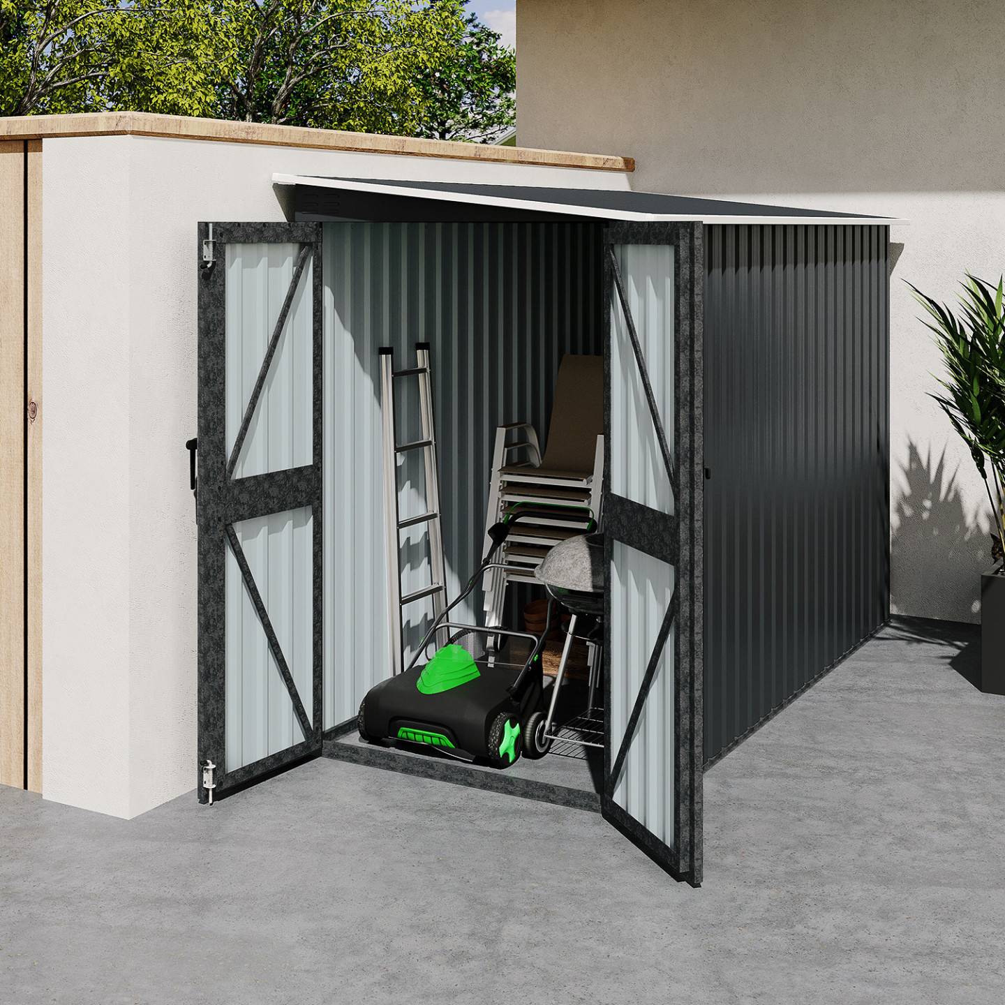 IDMARKET - Abri de jardin adossé 3 m² gris en acier galvanisé double porte latérale - Image 4